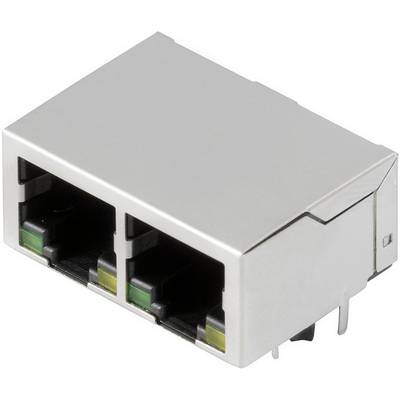 Srebrni, pravokotni Ethernet-vmesniški dvojni modul z dvema RJ45 priključkoma za omrežne povezave.