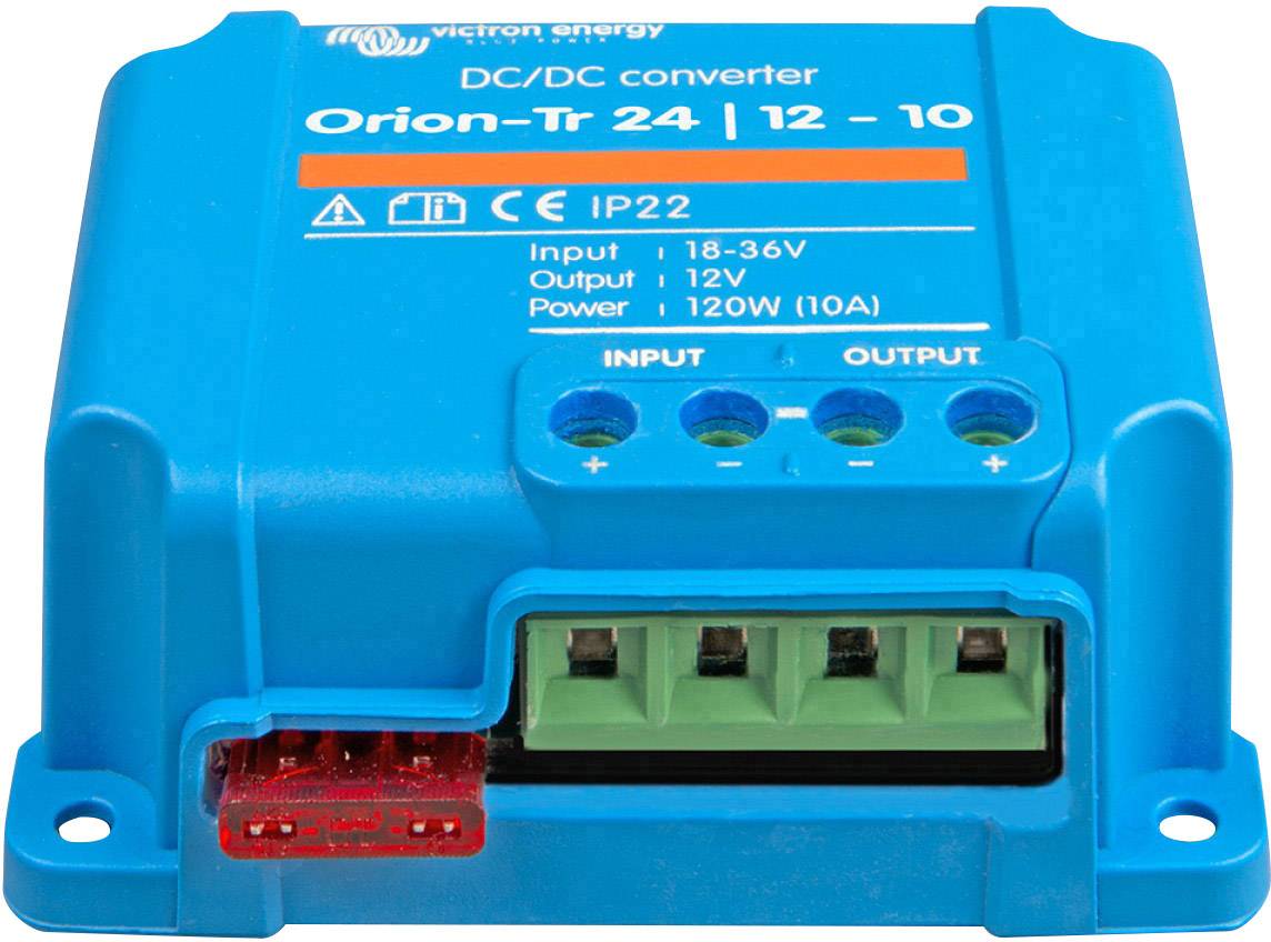 Moder DC/DC pretvornik z napisom 'Orion-Tr 24 | 12 - 10'. Vhodi: 18-36V, izhod: 12V, moč: 120W (10A).
