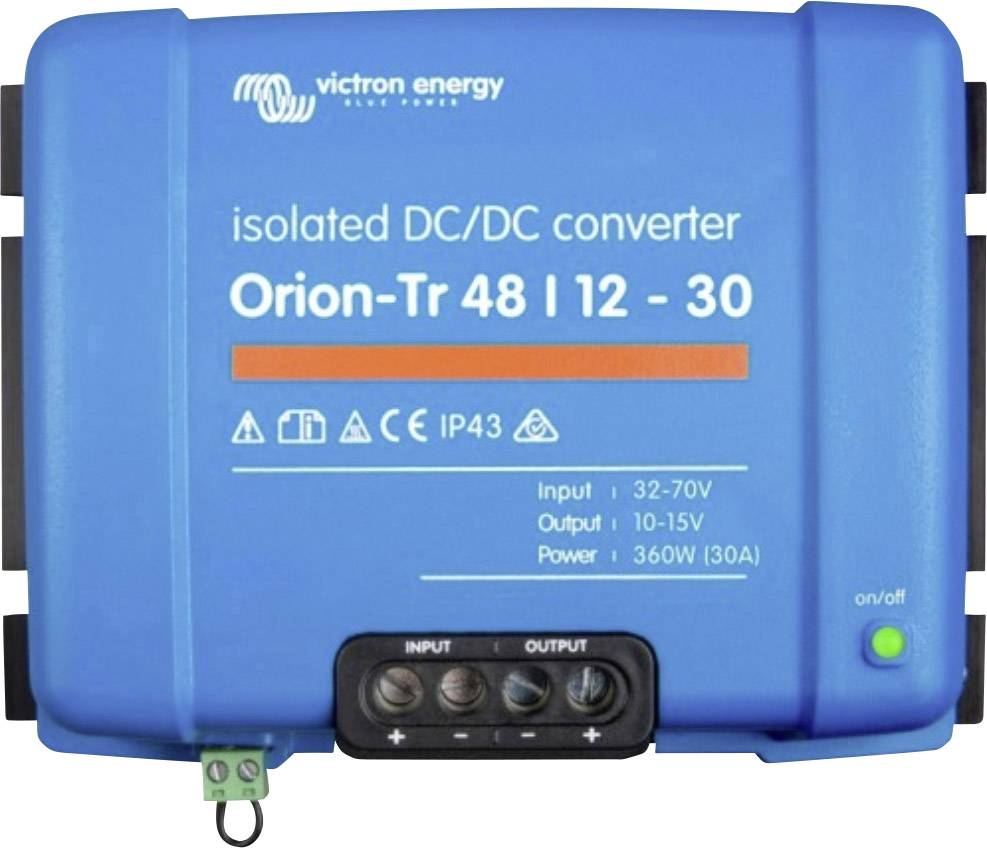 Moder Victron Energy Orion-Tr 48 | 12 - 30 izolirani DC/DC pretvornik. Vhod: 32-70V, izhod: 10-15V, moč: 360W (30A).