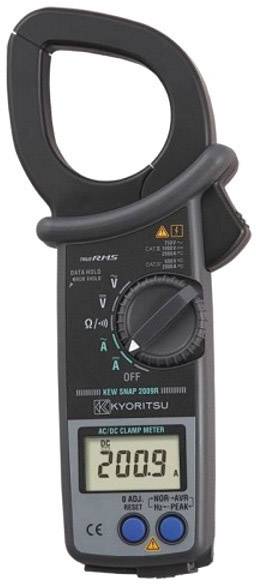 Digitalni AC/DC klešasti merilnik prikazuje '200.9 A' na zaslonu. Funkcijske tipke in merilne vrednosti so vidne na sprednji strani.