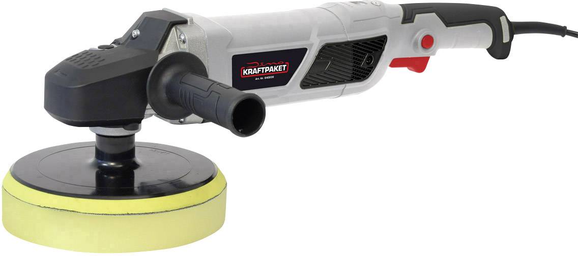 Električni polirni stroj znamke 'Kraftpaket' s črnim polirnim diskom in rumeno gobico, primeren za obnovo avtomobilskega laka.