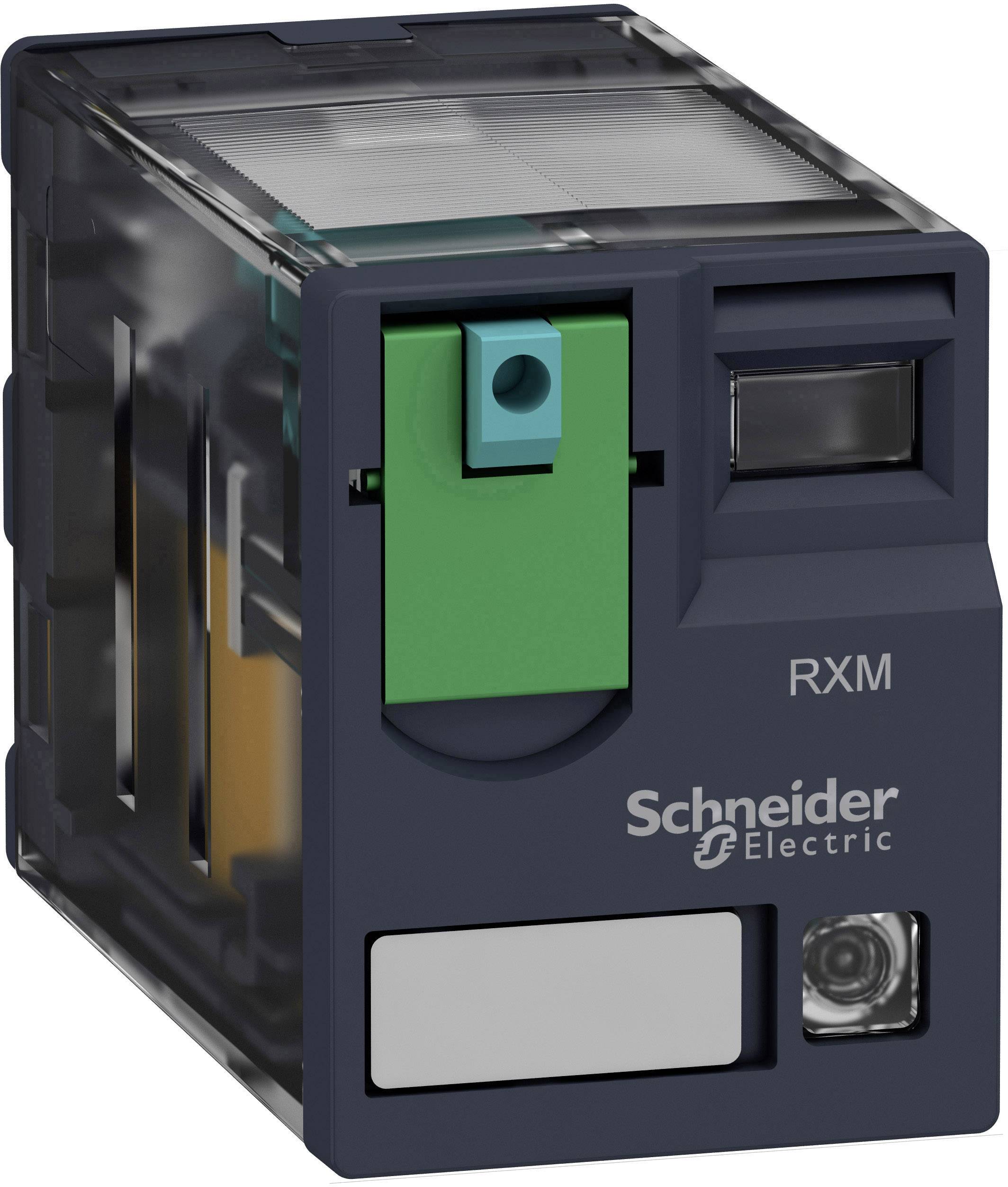 Releji Schneider Electric z zelenim vzvodom, model RXM. Uporabljeni v električnih vezjih za krmiljenje in ojačanje signalov.