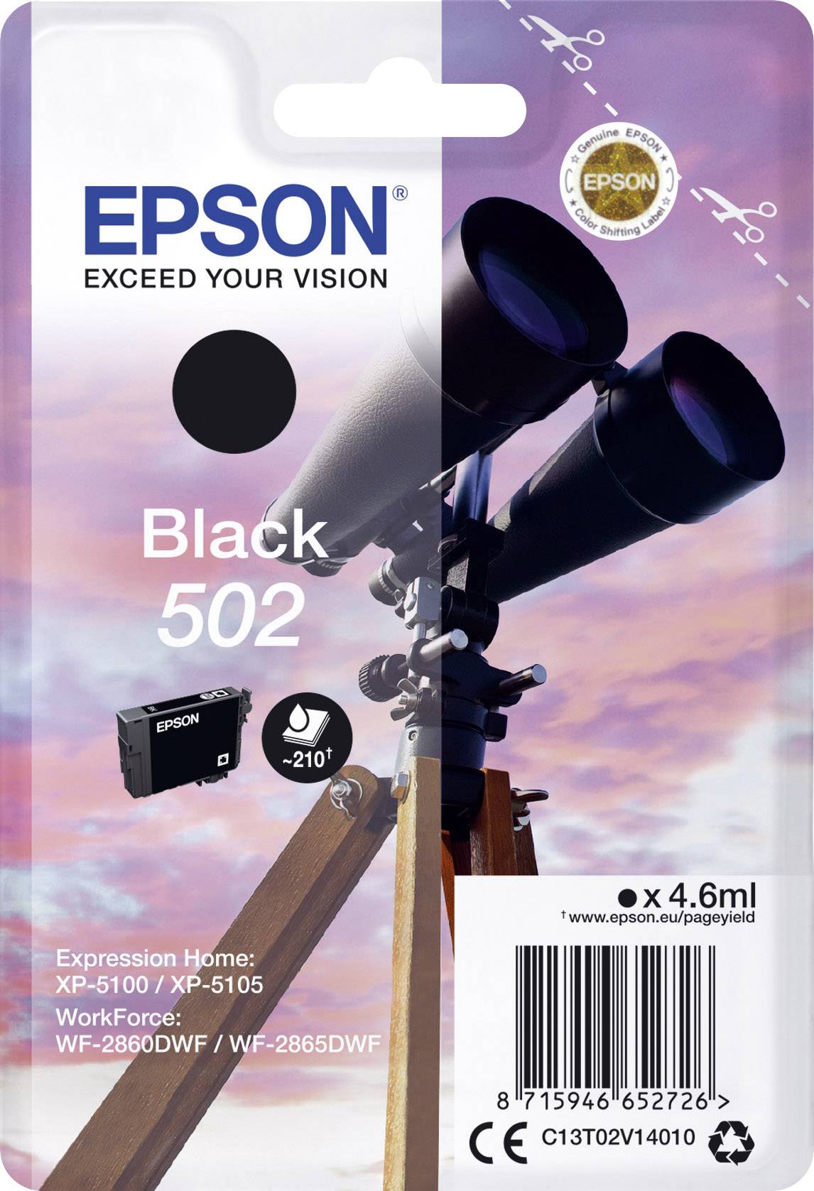 Črnilne kartuše Epson 502 v črni barvi za tiskalnike. Prikazano: črnilna kartuša in daljnogled. Besedilo blagovne znamke zgoraj. Združljivo z več modeli tiskalnikov.