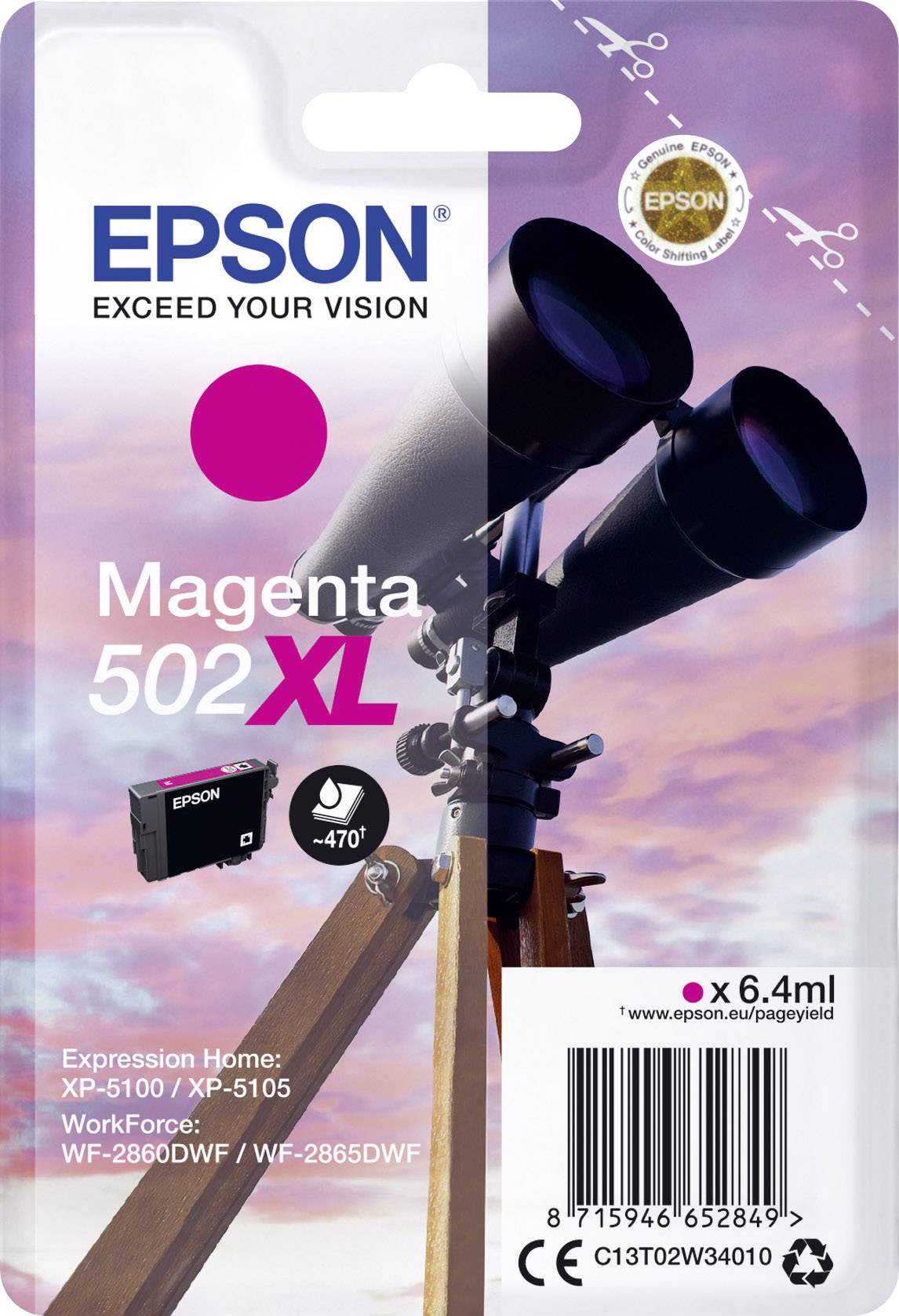 'EPSON 502XL Magenta' črnilna kartuša, združljiva z Epson Expression Home XP-5100/XP-5105, zmogljivosti 6,4 ml.