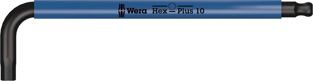 Šestrobi ključ z modrim ročajem, z napisom 'Wera Hex-Plus 10'. Ključ ima ukrivljen krak za boljši oprijem.