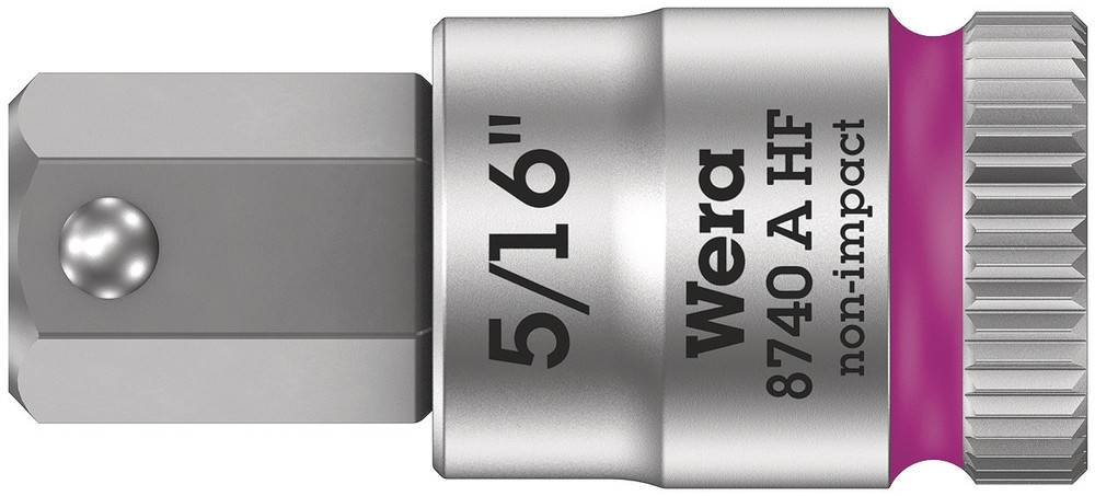 Bitni ključ-adapter z oznako '5/16", Wera 8740 A HF, non-impact'. Srebrne barve, z roza oznako.