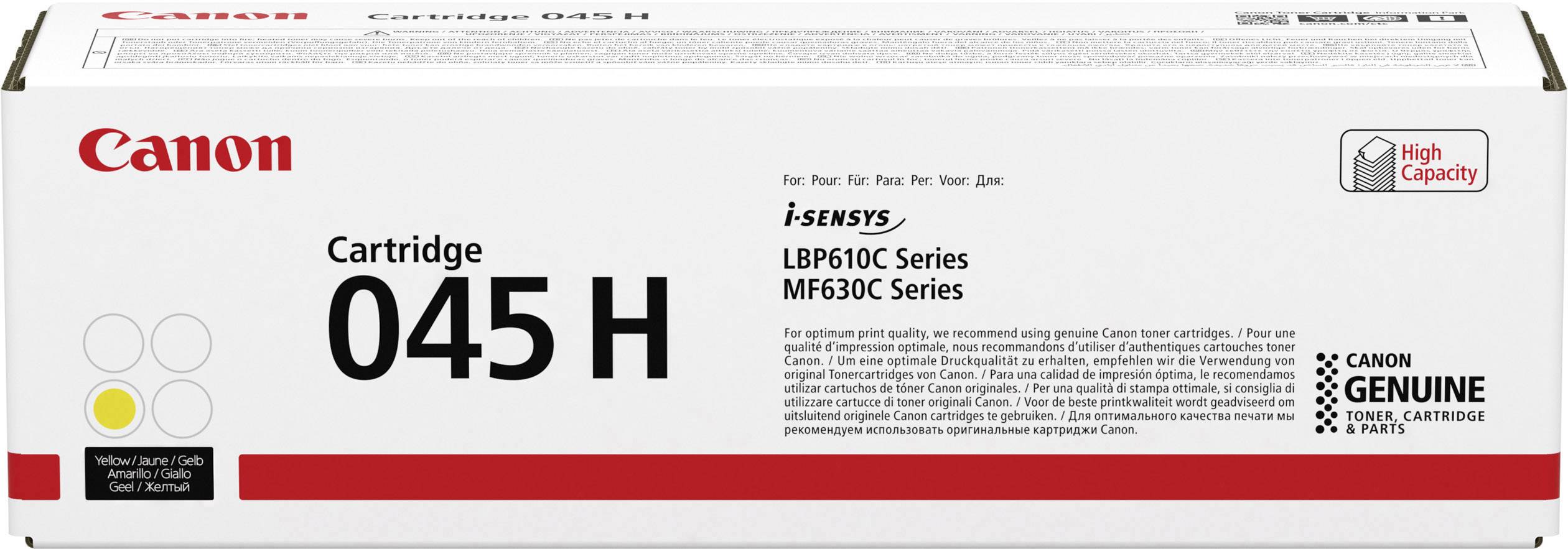Škatla Canon 045 H tonerske kartuše, kompatibilna s serijama LBP610C in MF630C, bela z rdečimi poudarki in logotipom.