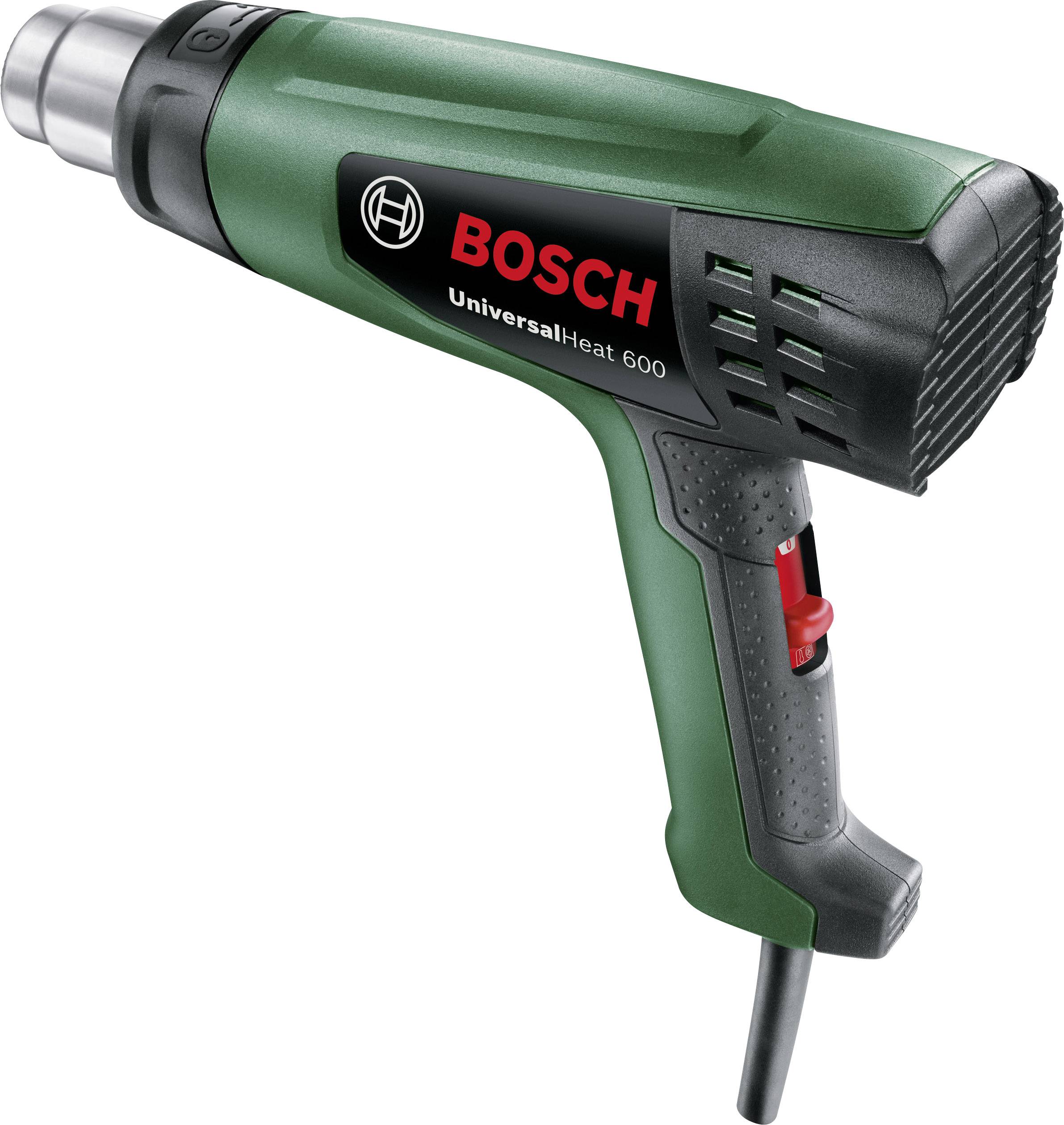 Vroč zračni pištolj znamke Bosch, model 'UniversalHeat 600', zeleno-črne barve, z nastavljivo temperaturno tipko na ročaju.