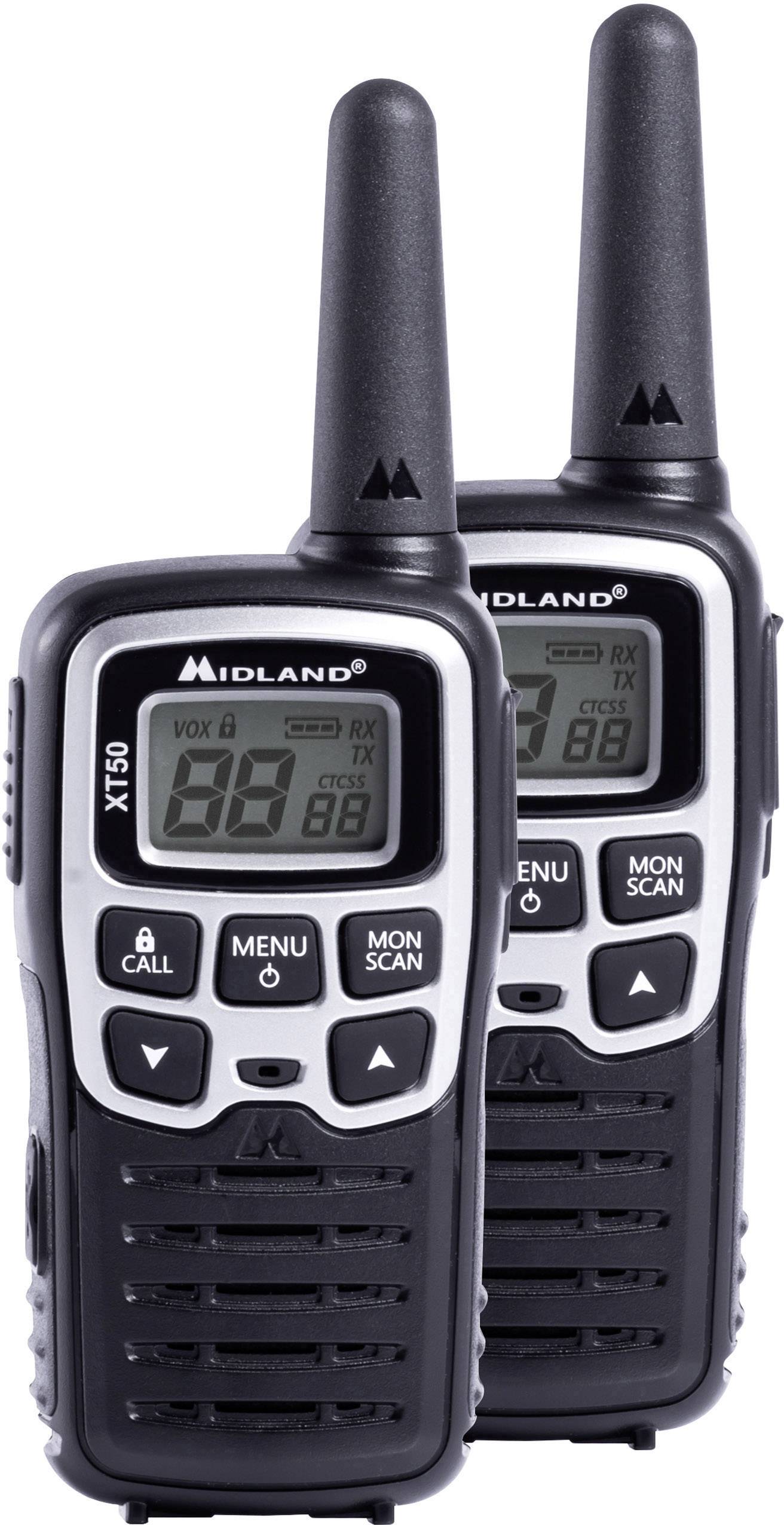 Dva črna radijska sprejemnika z antenami in zasloni, na katerih piše 'Midland XT50'. Tipke za upravljanje ter prikaz kanalov in stanja baterije.