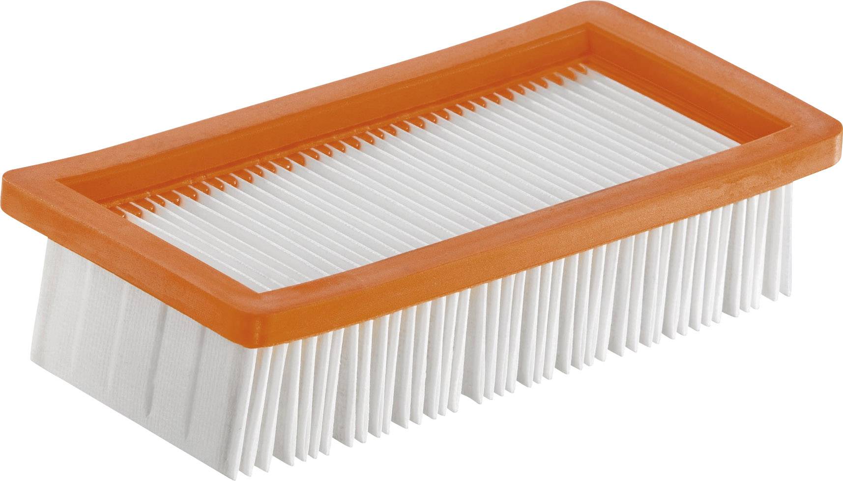 Pravokoten filter z oranžnim robom in belimi lamelami na svetlem ozadju.