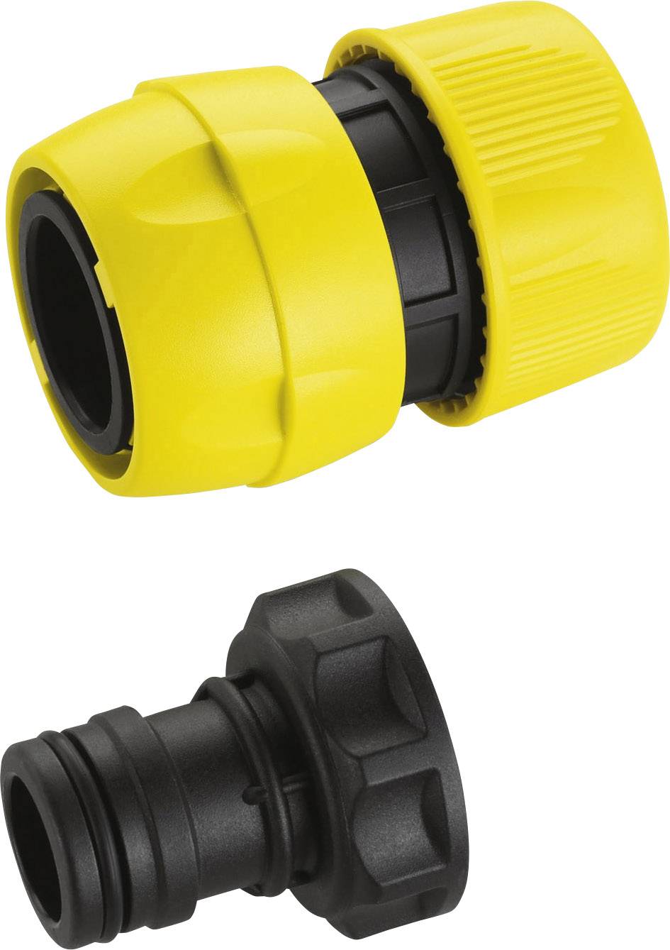 Rumeni in črni plastični spojnik za cevi, sestavljen iz dveh delov, za priključitev vrtnih cevi.