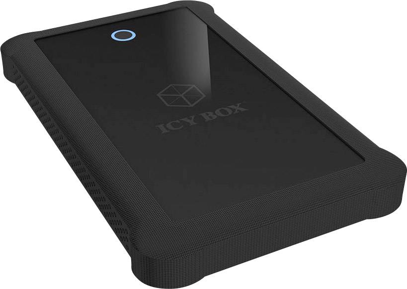 Zunanja trda disk z črnim ohišjem, zaobljenimi robovi in modrim LED-krogom spredaj. Znamka: ICY BOX.