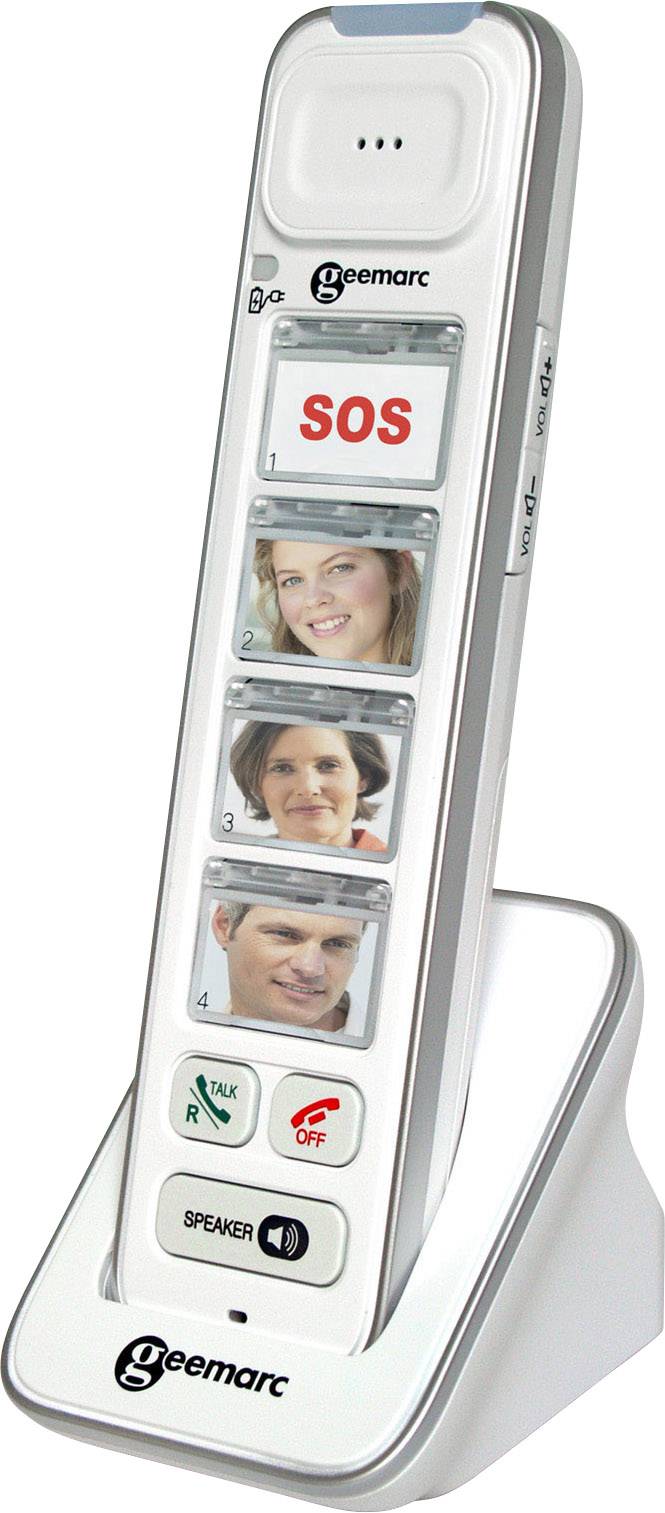 Telefon z gumbom za klic v sili 'SOS' zgoraj in tremi fotografskimi tipkami spodaj za neposredno klicanje. Naprava nameščena na polnilni postaji.