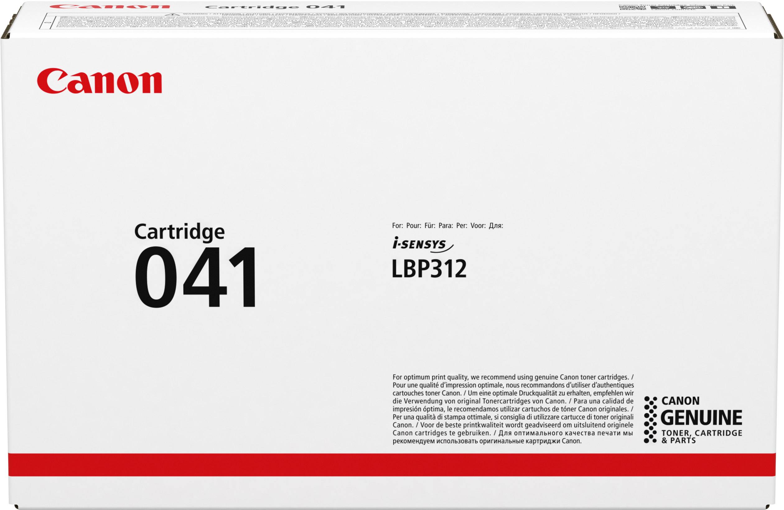 Canon tiskalni kartušni vložek 041, združljiv z i-SENSYS LBP312. Pakiranje z rdečim Canon logotipom in opisom modela.