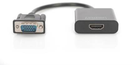 'VGA v HDMI adapter s črnimi priključki. Levo je VGA vtič, desno pa HDMI vrata.'