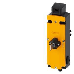Rumena varnostna stikalna naprava s črnim ohišjem zgoraj, vijačnimi priključki in vrtljivim aktuatorskim vzvodom. Zasnova podjetja IDEM Safety Switches.