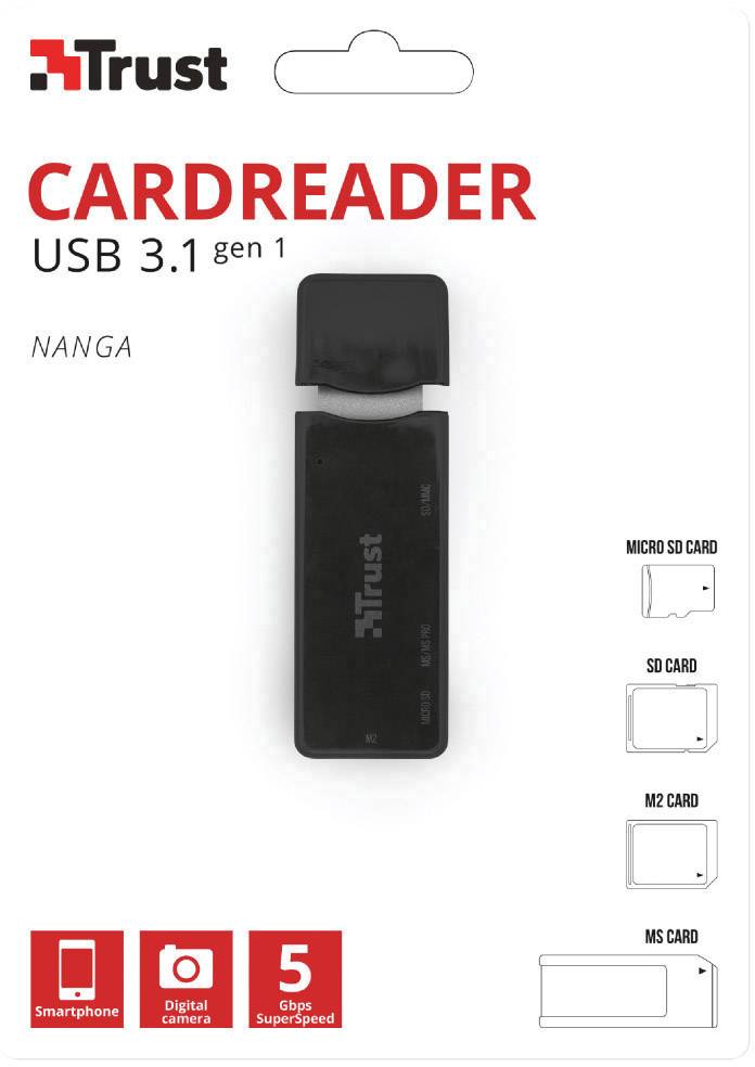 'Trust' čitalnik kartic USB 3.1, model Nanga, za Micro SD, SD, M2, MS kartice. Podpira pametne telefone, digitalne fotoaparate, hitrosti do 5 Gbps.