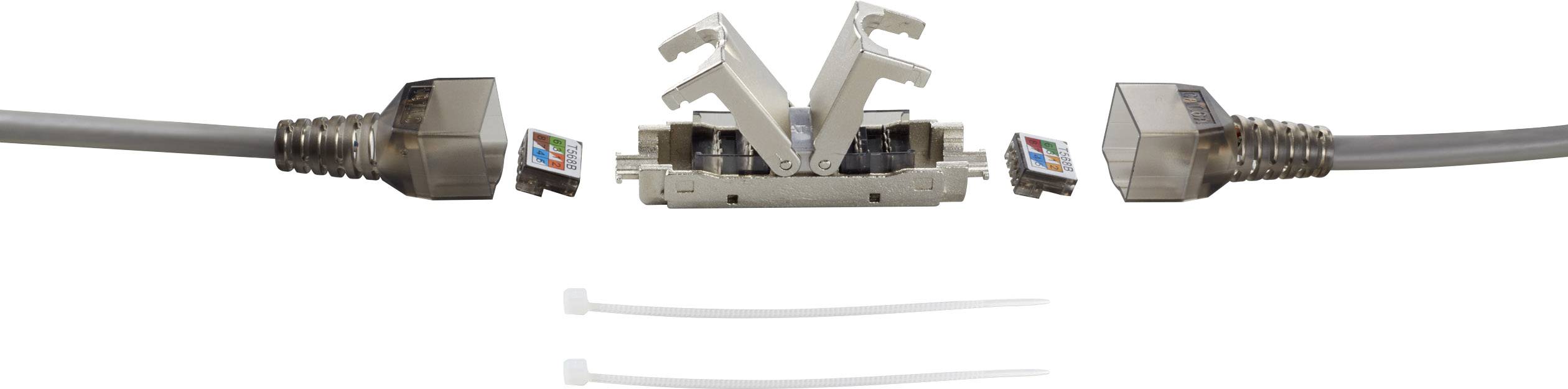 Dva ethernet kabla in set RJ45 vtičev z rezalnim orodjem. Prikazan postopek povezovanja kablov in vtičev.