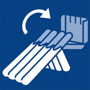 Simbol prikazuje odprt knjižni blok, ki se preklaplja levo, z upognjeno puščico nad njim, ki nakazuje gibanje.