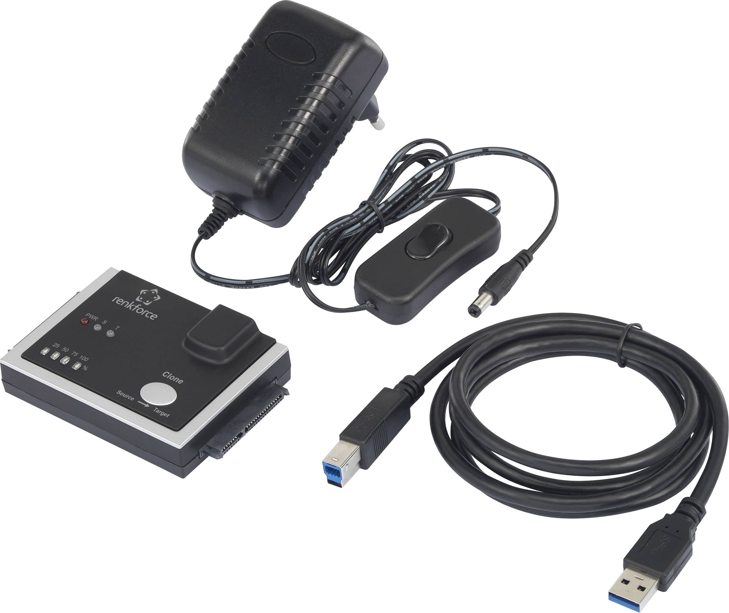 Adapter-set z napajalnikom, stikalom, SATA/IDE adapterjem in USB kablom za priklop notranjih trdih diskov na računalnike.