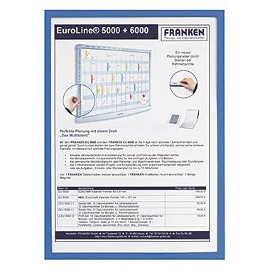 Oglas za modele EuroLine Planboards 5000 in 6000 podjetja Franken. Osnutek prikazuje oglasno desko z zamenljivimi magneti in besedilom o prednostih izdelka.