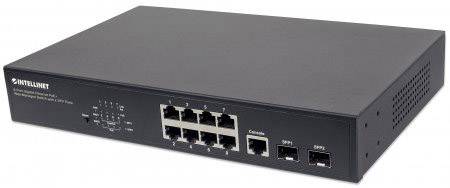 Črn omrežni switch z 12 ethernet priključki in dodatnimi konzolnimi, SFP- in EPS-priključki na sprednji strani.