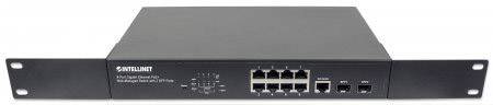 Mrežno stikalo za namestitev v omaro z osmimi Ethernet-vrati in dvema optičnima priključkoma, idealno za razširitev omrežne infrastrukture.