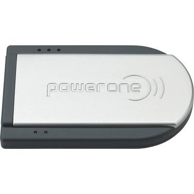 Slika prikazuje srebrn polnilec z napisom 'power one' in zaobljenim desnim robom. Ima dve mali indikatorski lučki.