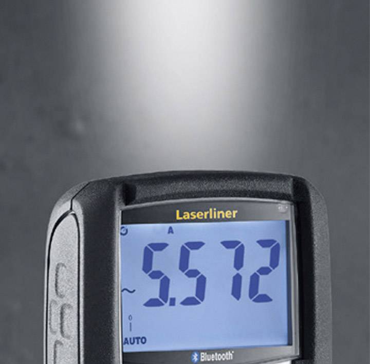 Laserski merilnik razdalje na zaslonu prikazuje vrednost '5.572'. Naprava ima funkcionalnost Bluetooth.