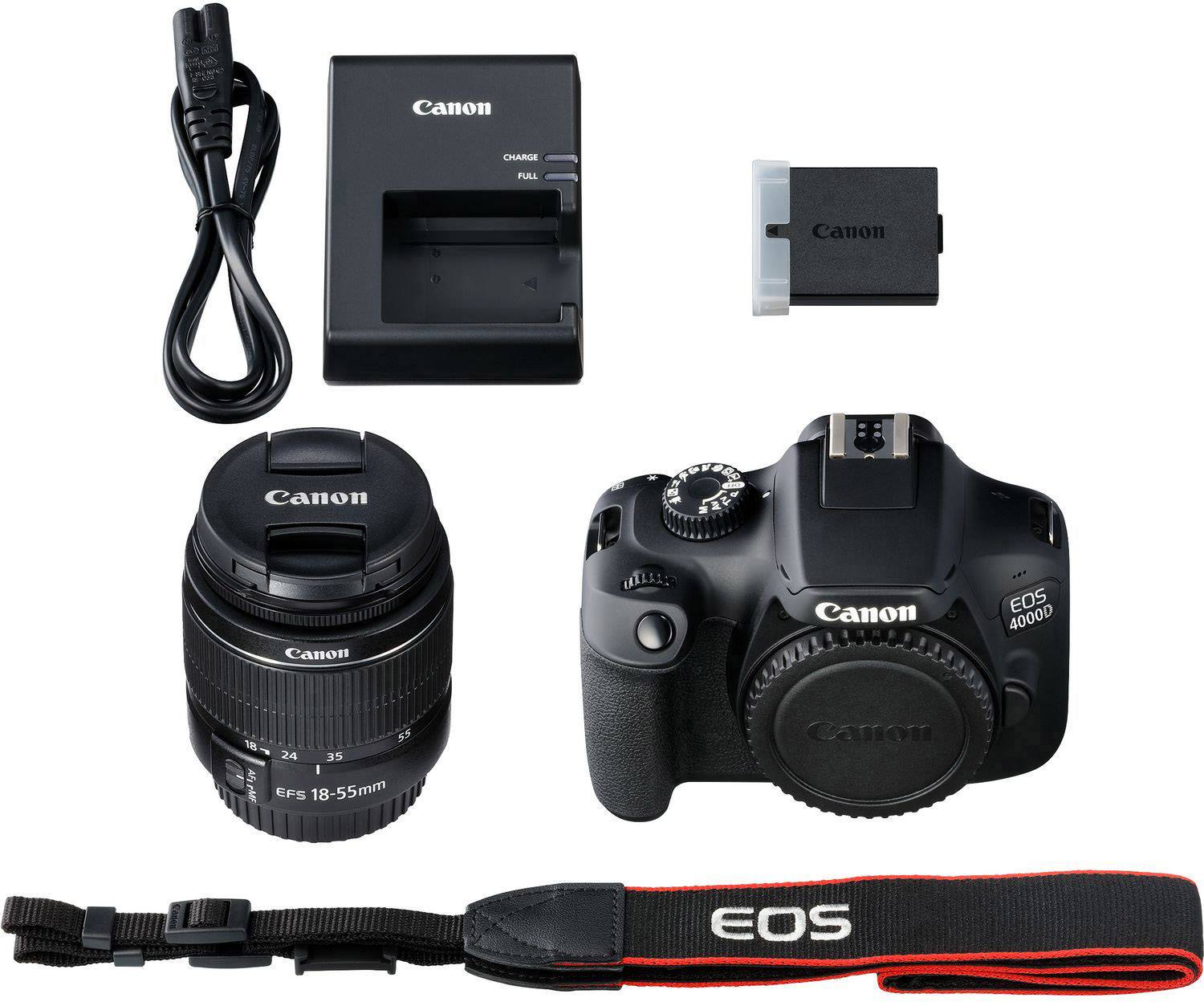 Komplet fotoaparata, ki vsebuje Canon EOS 4000D, objektiv 18-55 mm, baterijo, polnilec, kabel in pas za fotoaparat.