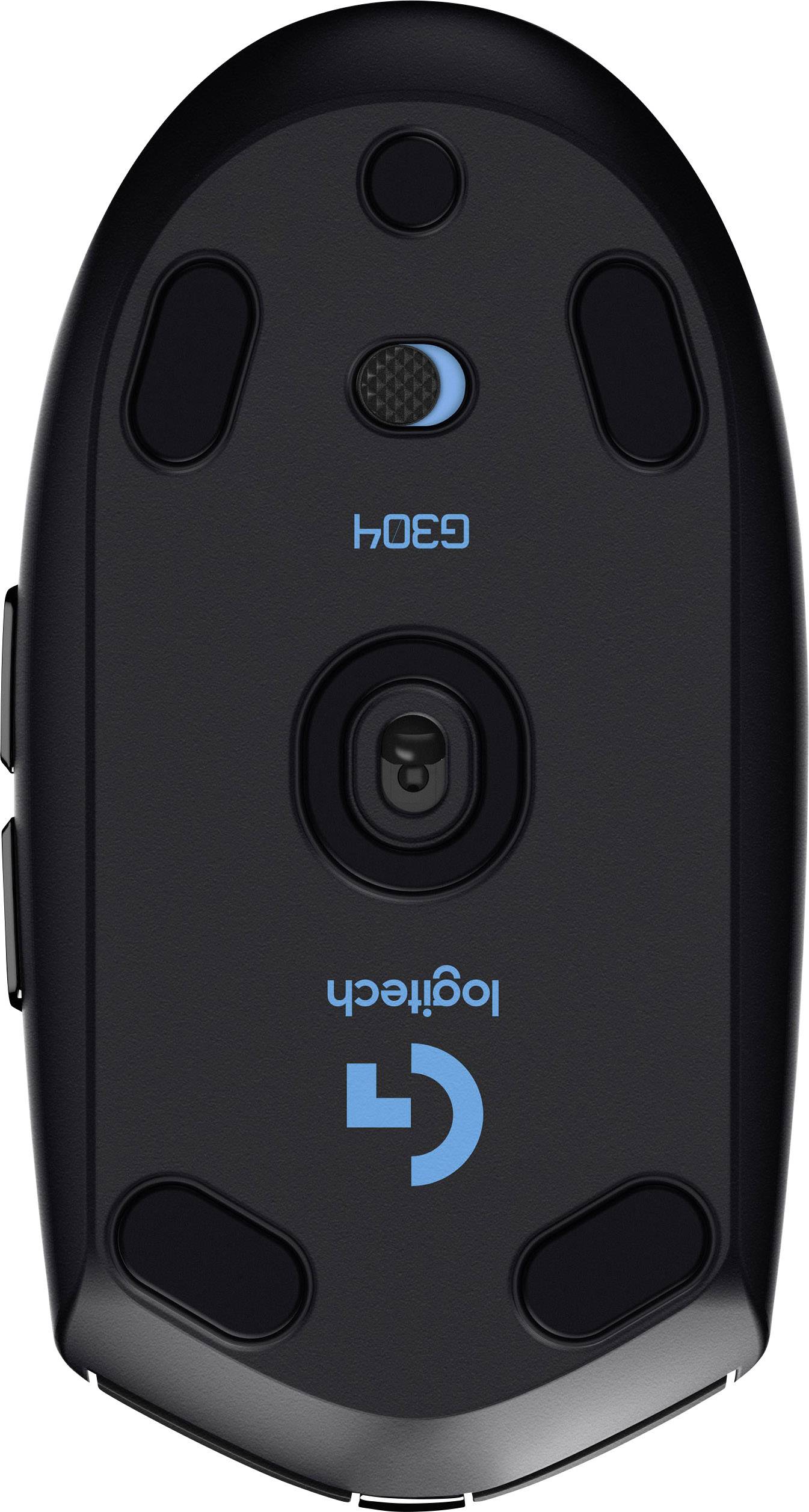 Spodnja stran črne računalniške miške z logotipom Logitech in modelno oznako G304; prikazuje senzor in drsne površine za premikanje.