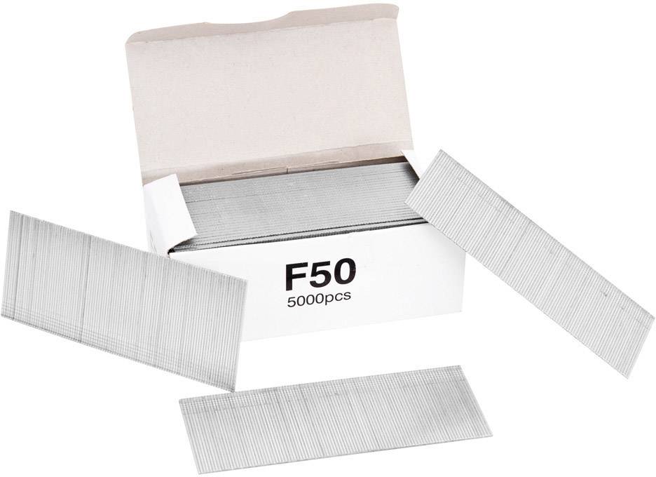 Odprta škatla s sponkami F50, 5000 kosov. Trije trakovi s sponkami, izvlečeni iz škatle.