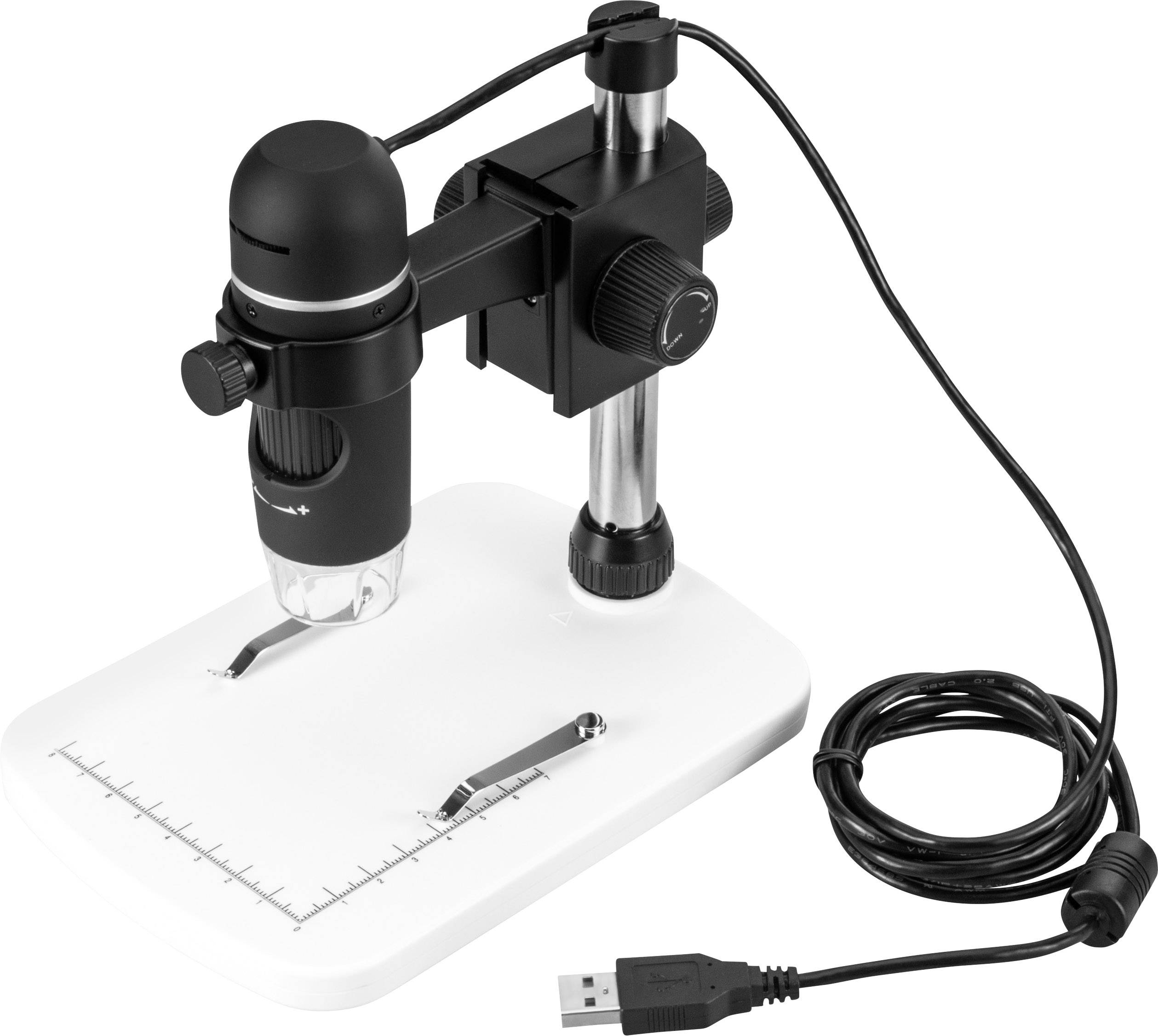 Digitalni mikroskop z USB priključkom, stojalnim podstavkom, dvema nastavitvenim obročema in merilno linijo na platformi.