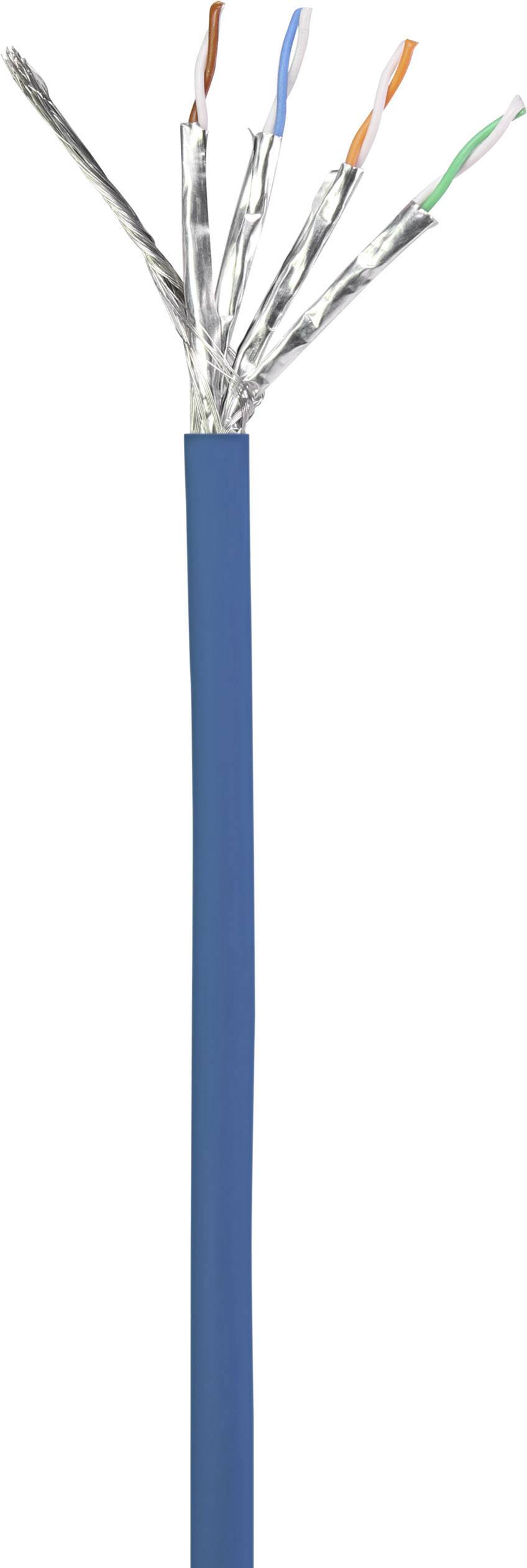 Modro ethernet kabel s šestimi izpostavljenimi žicami različnih barv, ki štrlijo iz konca.