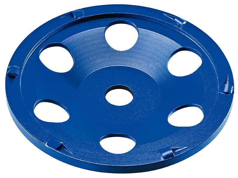 Moder brusilni disk s šestimi velikimi okroglimi luknjami za pritrditev.
