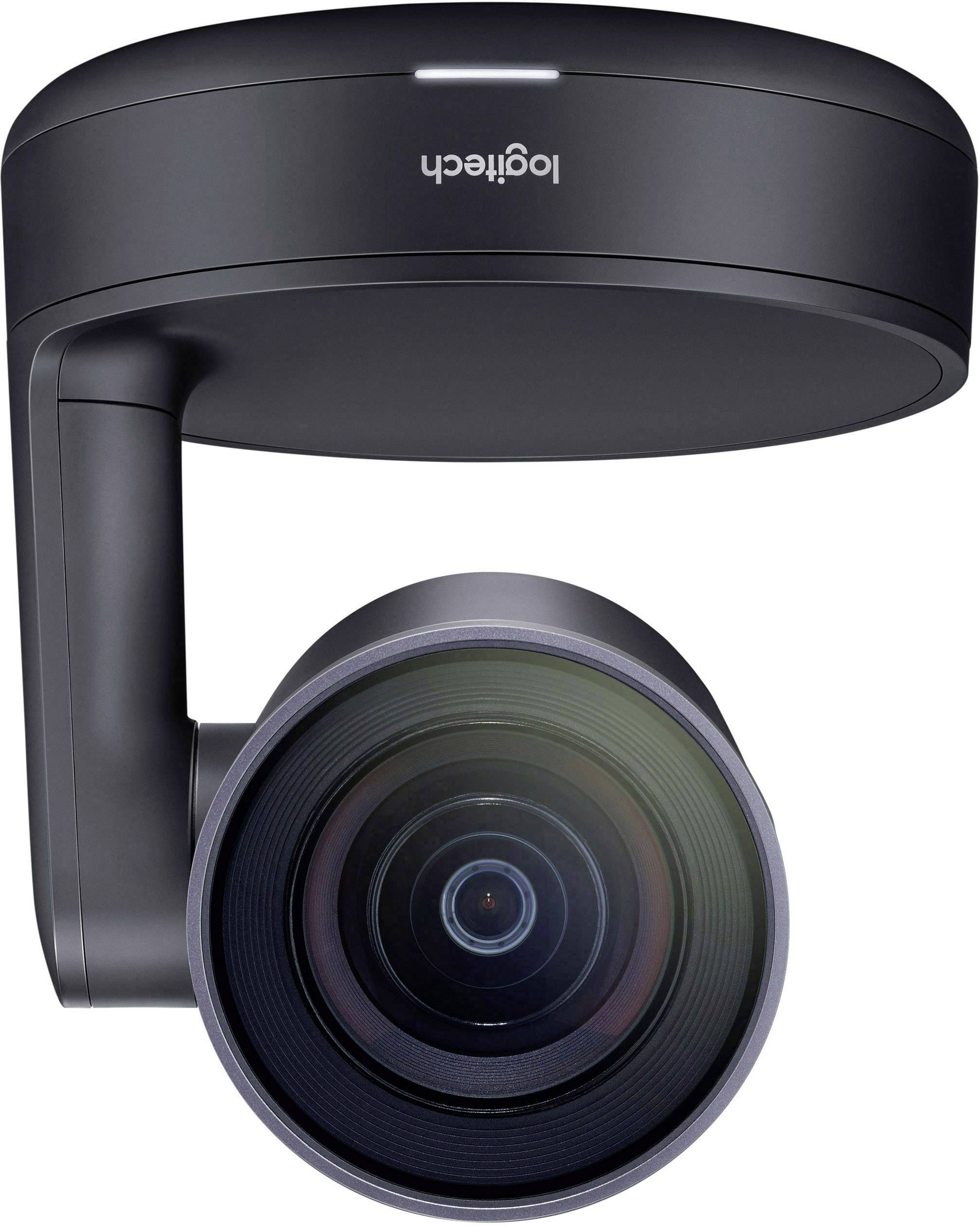 Črna moderna nadzorna kamera podjetja Logitech, nameščena na stropu, z velikim objektivom za celovito pokritje.