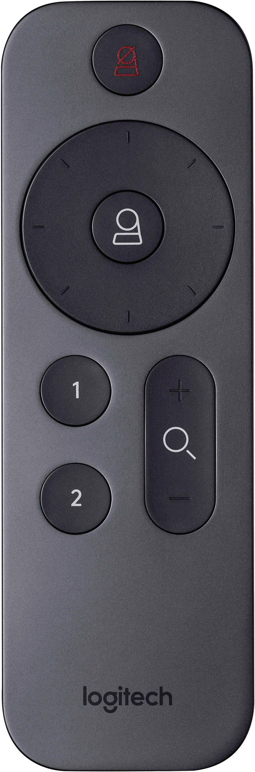 Črni Logitech daljinski upravljalnik z miško koleščkom, številkama "1" in "2", simboloma plus in povečevalnega stekla. Idealen za predstavitve.