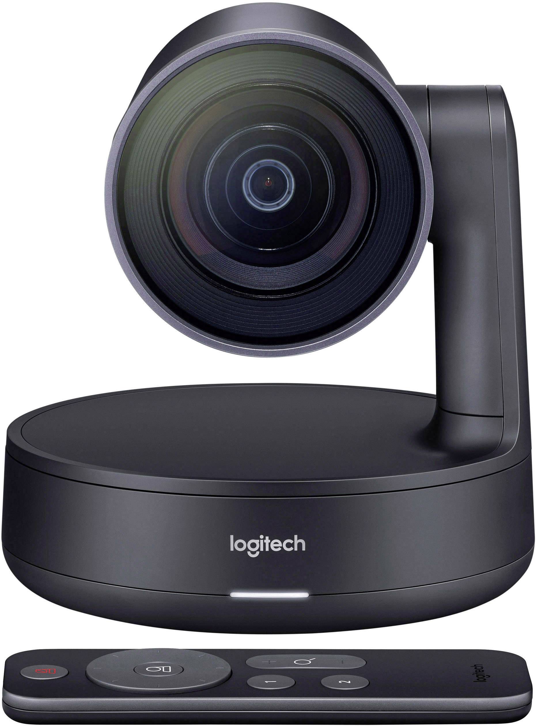 Črna Logitech konferenčna kamera z obračljivo glavo in daljinskim upravljalnikom, primerna za videokonference in sejne sobe.