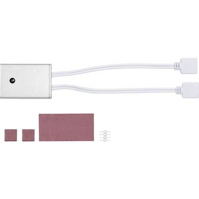 Elektronska naprava z dvema belima kabloma, pravokotno kovinsko ohišje in rdečimi pravokotnimi komponentami spodaj.
