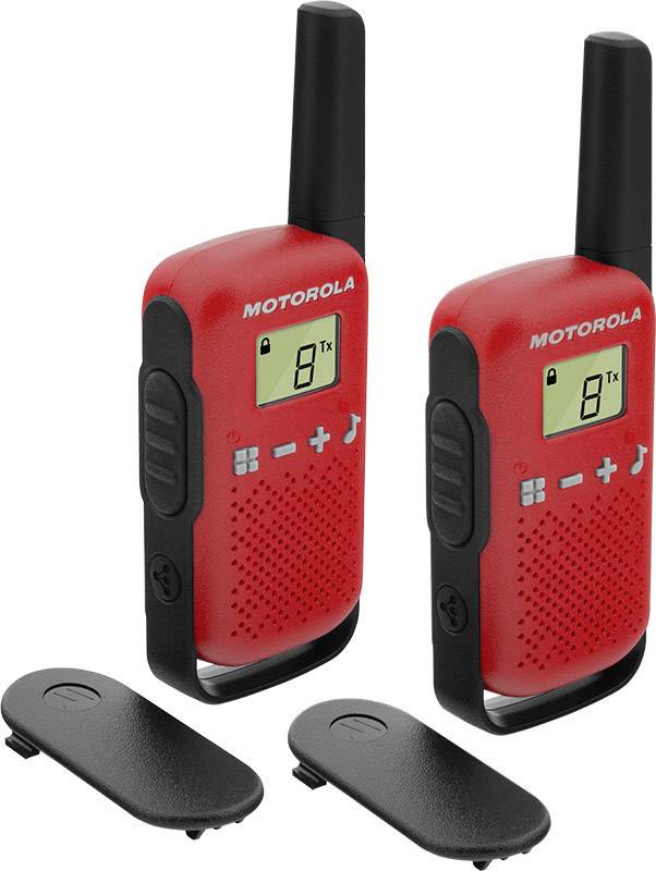 Dva rdeča walkija-talkija znamke Motorola z majhnima zaslonskima in črnimi antenami. Zraven ležita dva črna pasna sponka.