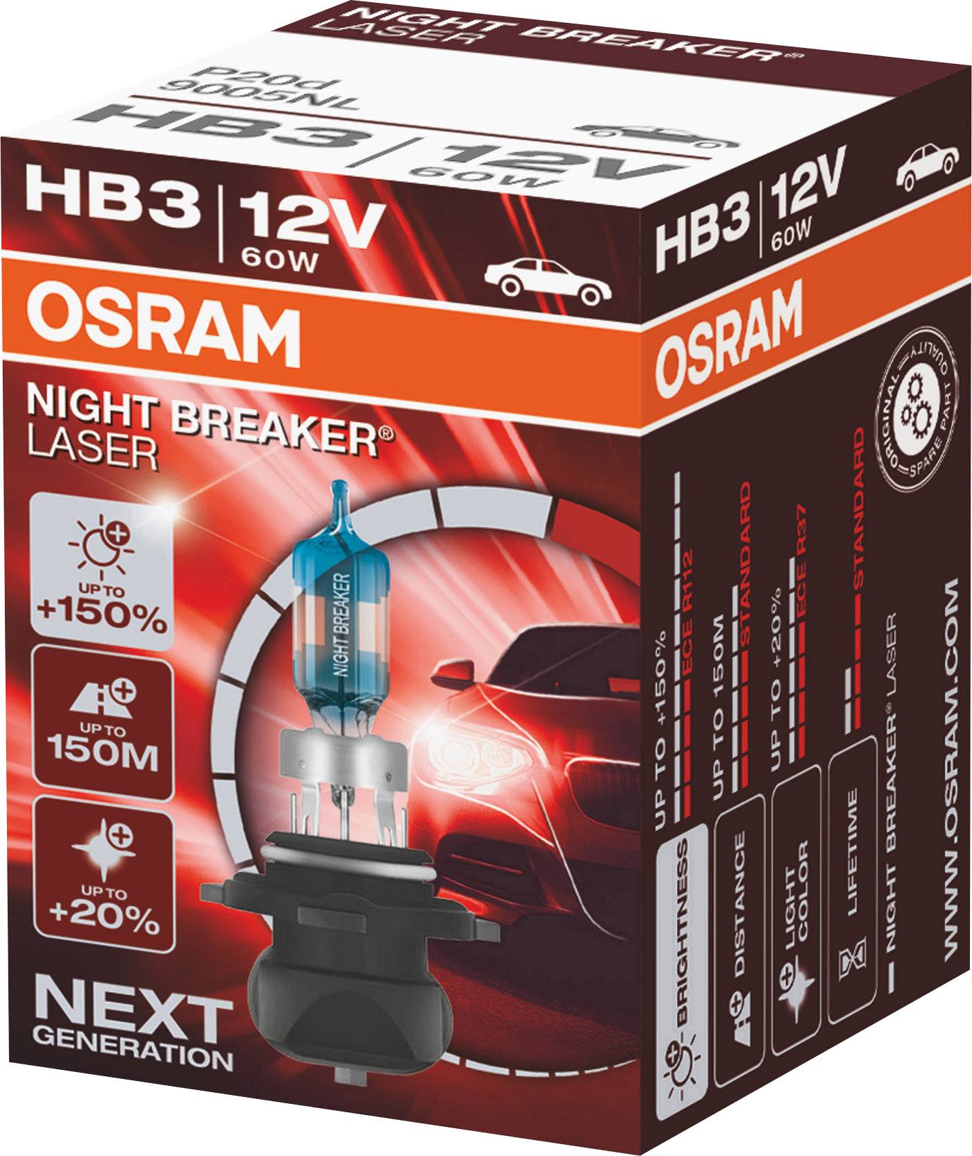 Osram HB3 12V 60W avtožarnica 'Night Breaker Laser, Next Generation'. Povečana svetlost in doseg za boljšo vidljivost.