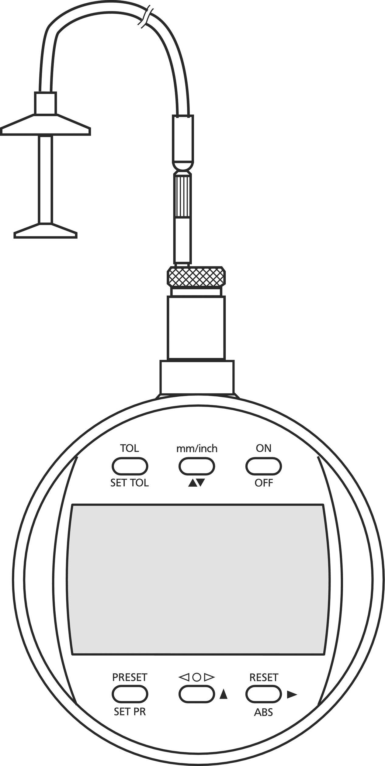 Diagram digitalnega merilnega instrumenta z okroglim zaslonom, različnimi tipkami in sondo na kablu za merjenje toleranc.