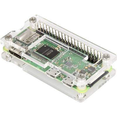 Raspberry Pi Zero W v prosojnem ohišju prikazuje glavno ploščo in priključke, kot sta Micro-USB in HDMI.
