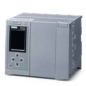 Siemensov SIMATIC S7-1500 krmilnik, industrijska avtomatizacijska naprava s tipkovnico in zaslonom, prikazan od spredaj levo.