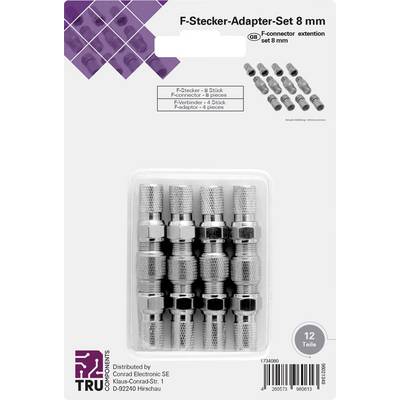 'F-vtični adapter komplet 8 mm', prikazuje 12 adapterjev, razvrščenih v dveh vrstah po 6, v beli embalaži, proizvajalec TRU Components.