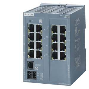 Industrijski omrežni stikalni element Siemens, sive barve, z 16 Ethernet vrati, model 'Scalance XR324', primeren za industrijske apliciranja.