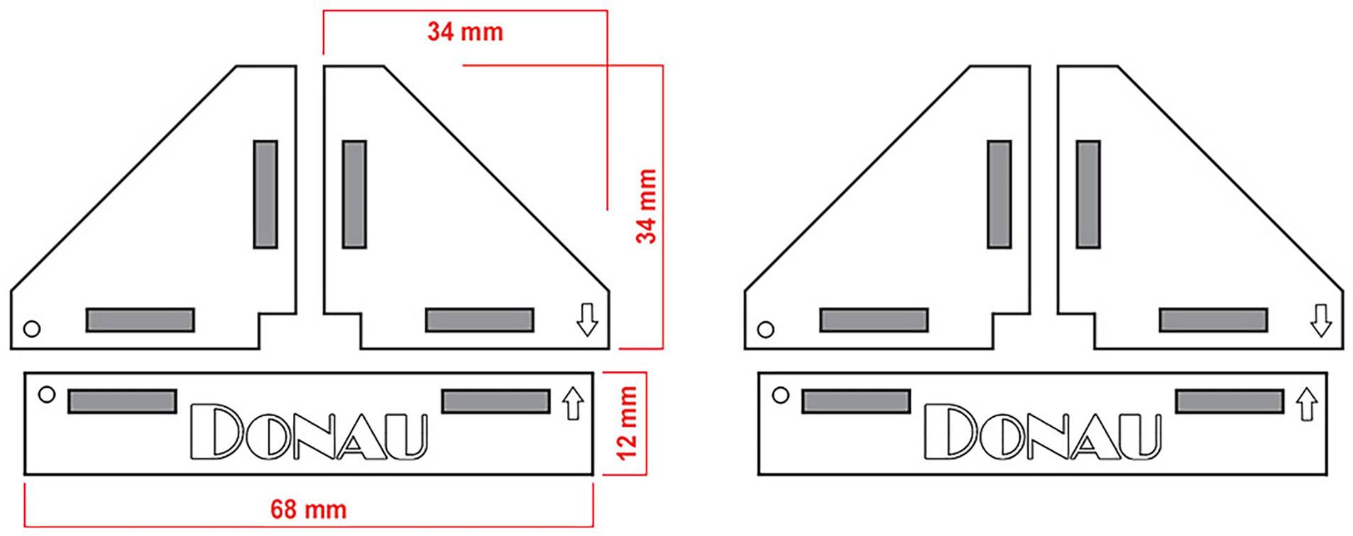 'Diagram dveh pravokotnih trikotnih oblik in pravokotnika z merami 68 mm in 34 mm. Beseda 'DONAU' je vgravirana.'