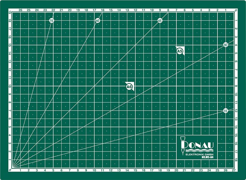 Rezalna podloga z mrežnimi linijami in koti, označena v centimetrih. Označeni različni formati, vključno z A5 in A6.