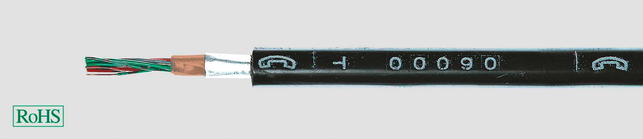 Črn električni kabel, delno olupljen, prikazuje notranje bakrene žice. Spodaj levo logotip RoHS.