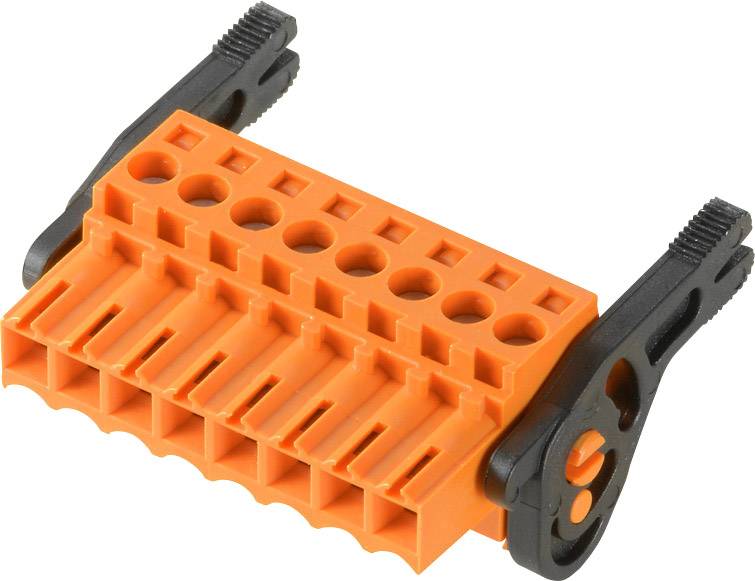 Oranžen plastični vtikač z več priključnimi odprtinami in črnimi pritrdilnimi vijaki na straneh, uporabljen za električne povezave.